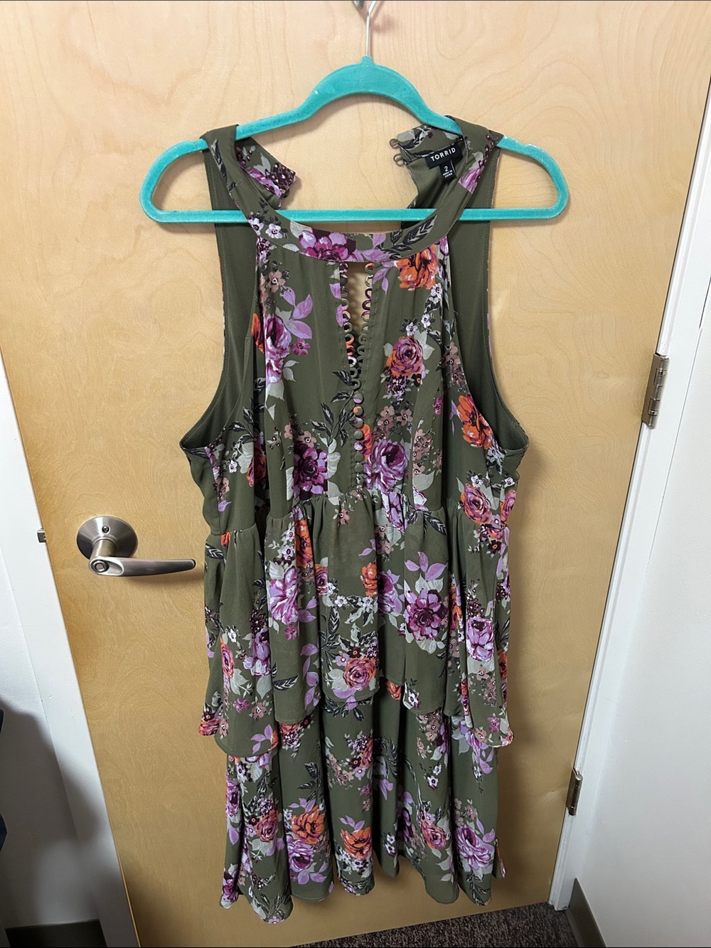 torrid Olive Floral Tiered Midi Dress with Purple & Orange Blooms